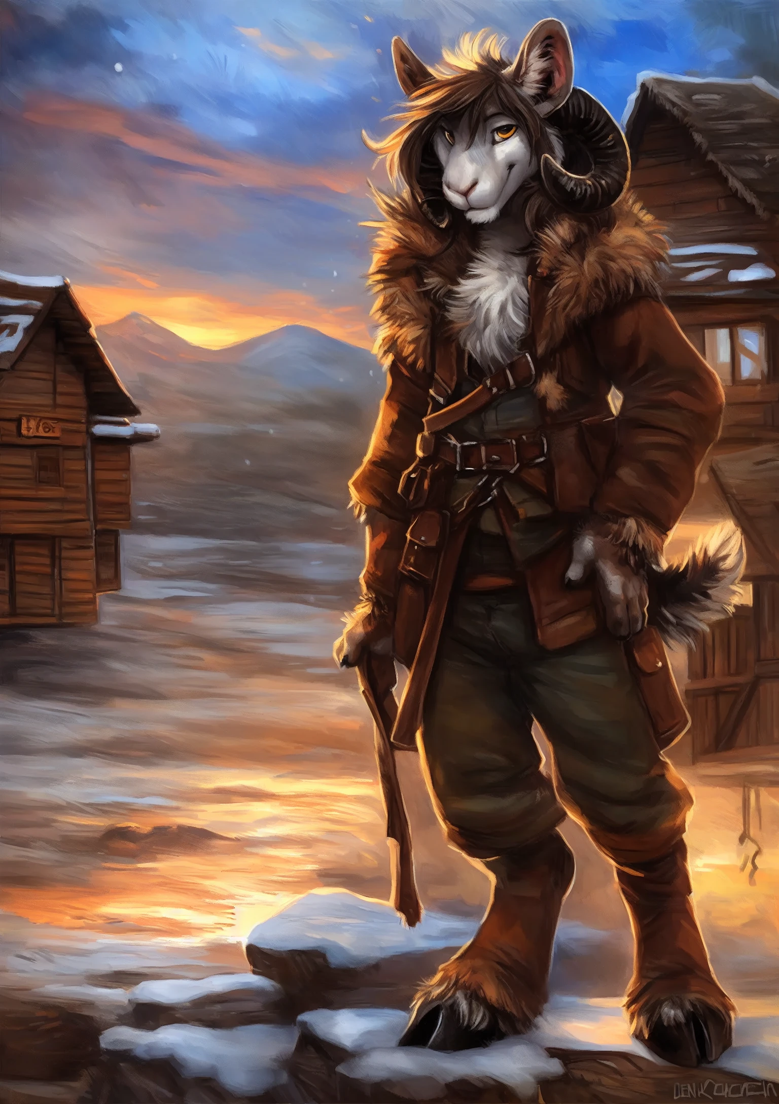 male, solo, anthro, mammal, goat, caprine, (caprine horn), 2 horns, horizontal pupils,  cloven hooves,
fully clothed, bottomwear, topwear, pants, jacket, (adventurer), hand on hip,
fur, fluffy, tuft, chest tuft, long hair, neck tuft, inner ear fluff, digitigrade,
standing, front view, looking at viewer,
(detailed background), outside, rock, sunbeams, snowy peaks, colorful sunrise, (village:1.3),
by kenket, by darkgem, by miosha,
fully clothed, bottomwear, topwear, pants, jacket, (adventurer), hand on hip,
fur, fluffy, tuft, chest tuft, long hair, neck tuft, inner ear fluff, digitigrade,
standing, front view, looking at viewer,
(detailed background), outside, rock, sunbeams, snowy peaks, colorful sunrise, (village:1.3),
by kenket, by darkgem, by miosha,