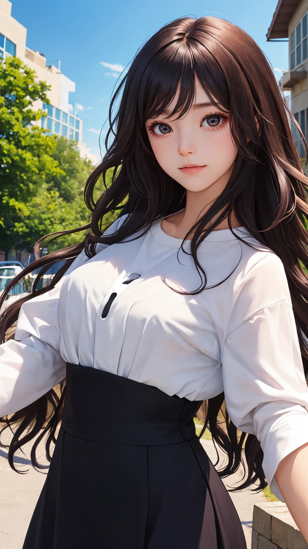 (Long hair with natural waves), (character on front), outdoors, dark hair, dark eyes, lady, masterpiece, best quality, looking at viewer,
day,