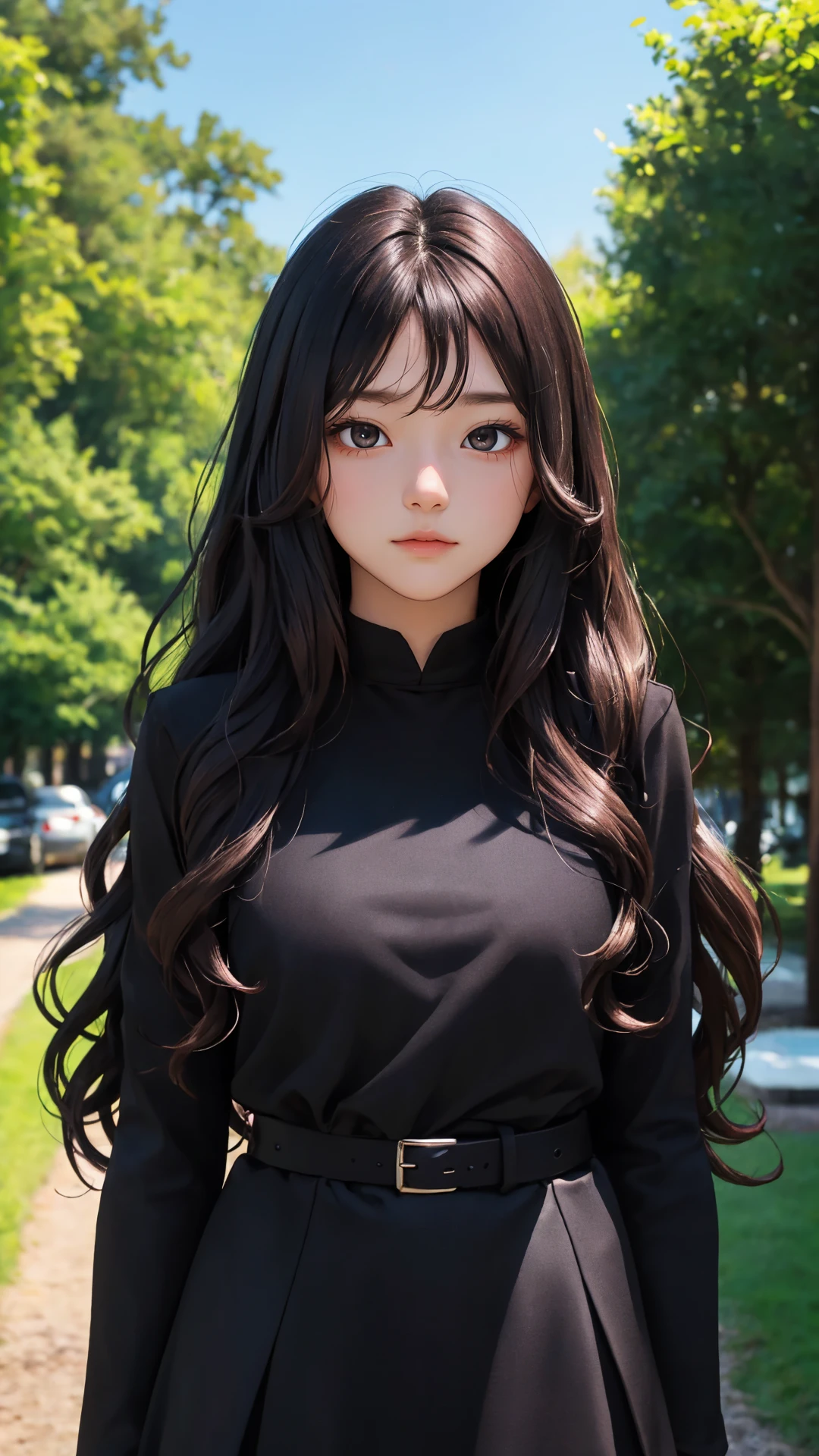 (Long hair with natural waves), (character on front), outdoors, dark hair, dark eyes, lady, masterpiece, best quality, looking at viewer,
day, black theme,