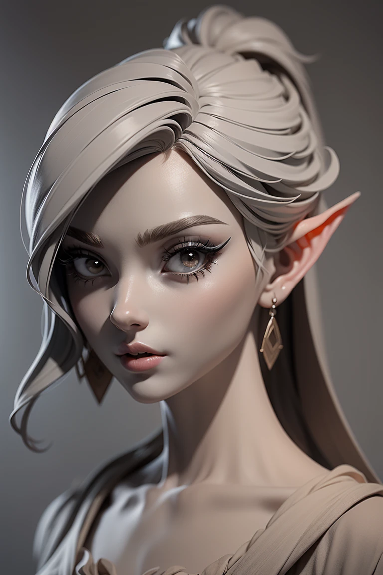 (Gray clay:1.5) style,(masterpiece, best quality), Grayscale, 1girl, solo, eyelashes, portrait, earrings, jewelry, pointy ears, looking at viewer