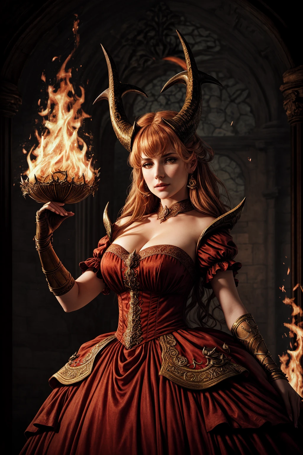 ((Masterpiece, best quality,photography, detailed skin, realistic, photo-realistic, 8k, highly detailed, full length frame, High detail RAW color art, diffused soft lighting, shallow depth of field, sharp focus, hyperrealism, cinematic lighting,close up)),
(edgIfrit_dress:1.2),ballgown a woman in a demonic edgIfrit_dress ,horns, fire and brimstone
<lora:edgIfritGowns:0.8>