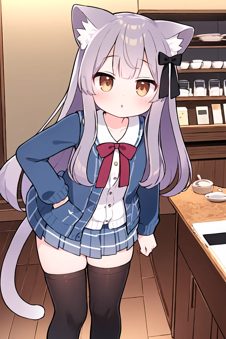 masterpiece, best quality, <lora:Milk-re-v1.2-:0.7>, light purple hair, long hair, brown eyes, cat ears, cat tail, blue cardigan, plaid skirt, bow, ribbon, hair ornament, black thighhighs, indoors, cafe,