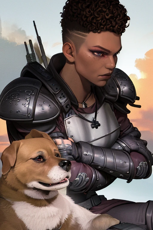 Bangalore, upper body,  short  curly hair,  solo,  close up,  crossed arms,  sitting, 
BangaAtt,armor, dress, black gloves,shoulder armor,dog tags,boots,
army barracks,  smoke trail in background, 
(insanely detailed, beautiful detailed face, masterpiece, beautiful detailed eyes, best quality), <lora:Bangalore-10:0.8>