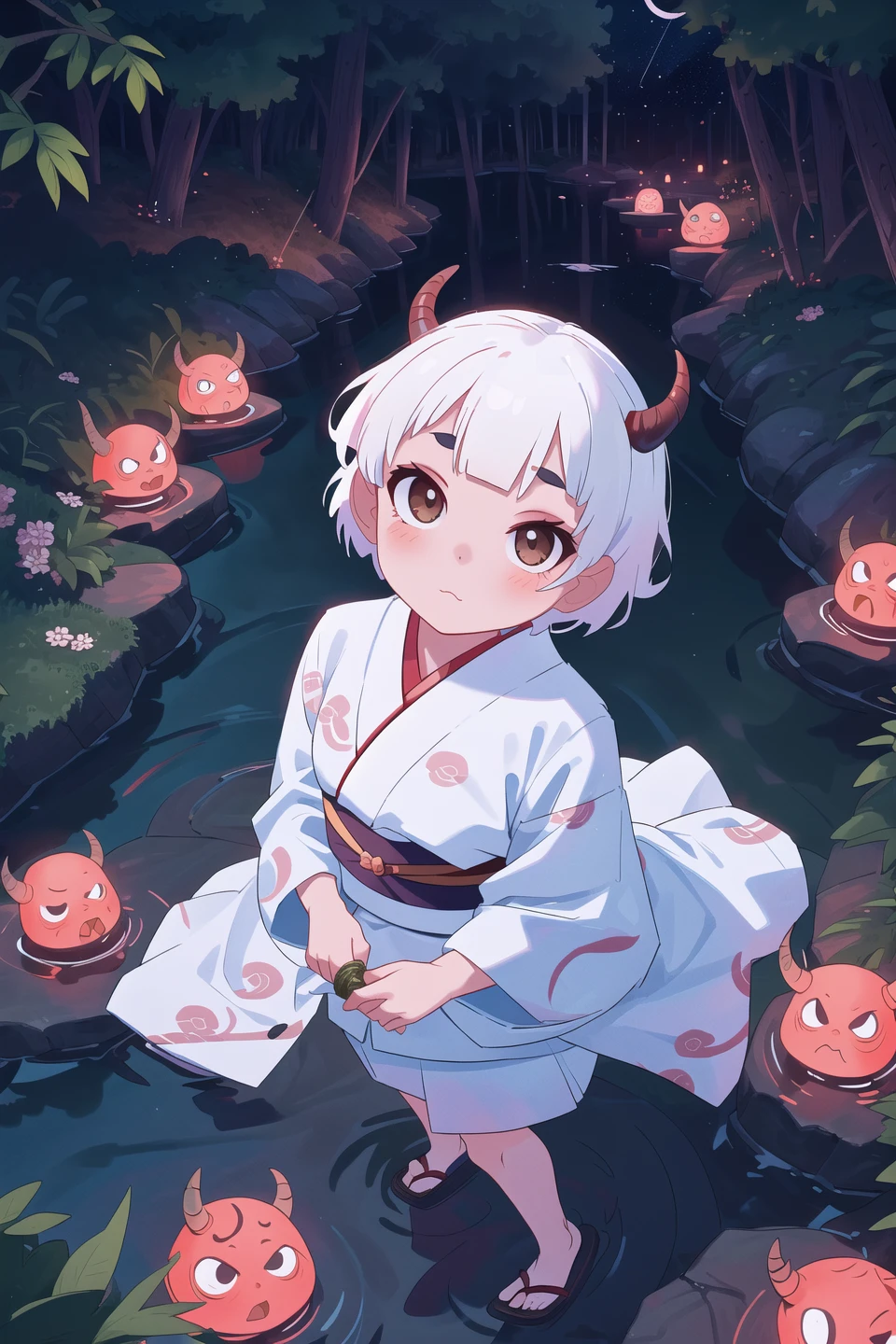 masterpiece, best quality, 1girl, solo,, (white short hair:1.2),looking at viewer,(oni:1.1),(horns:0.9),kimono,nature,night,illumination,from above,river