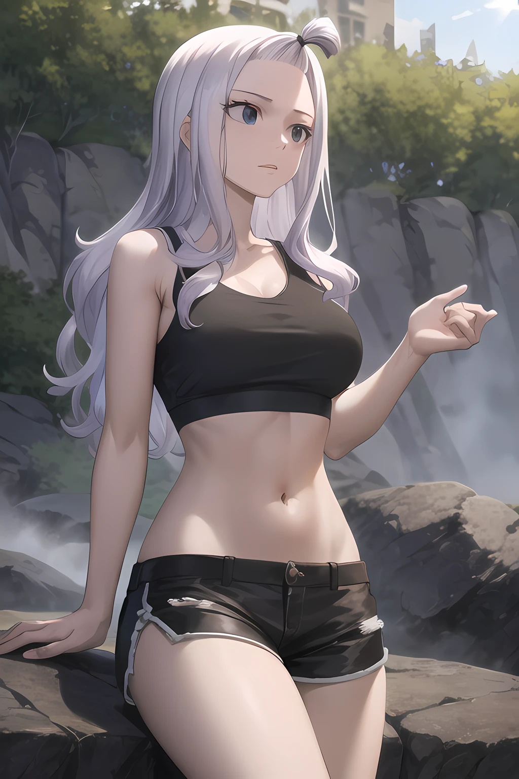 masterpiece, absurdres , (intricate details), (colorful),cinematic lighting,bust shot,extremely detailed CG unity 8k wallpaper, 1girl, mirarnd <lora:mira-05:1>,crop top, navel, black shorts,exercise, outdoors,morning,day, sunlight