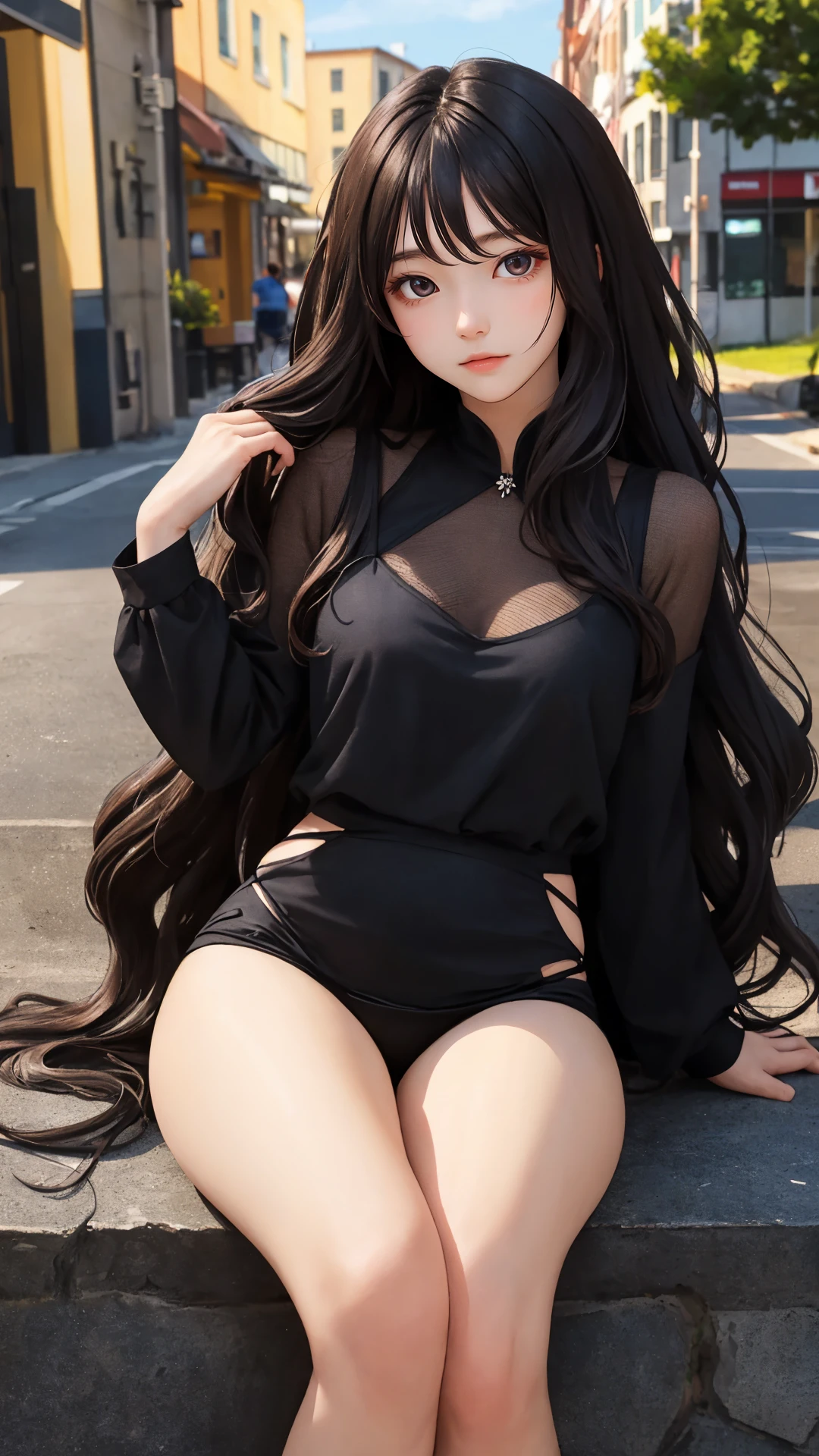 (Long hair with natural waves), (character on front), outdoors, dark hair, dark eyes, lady, masterpiece, best quality, looking at viewer,
day, black theme,