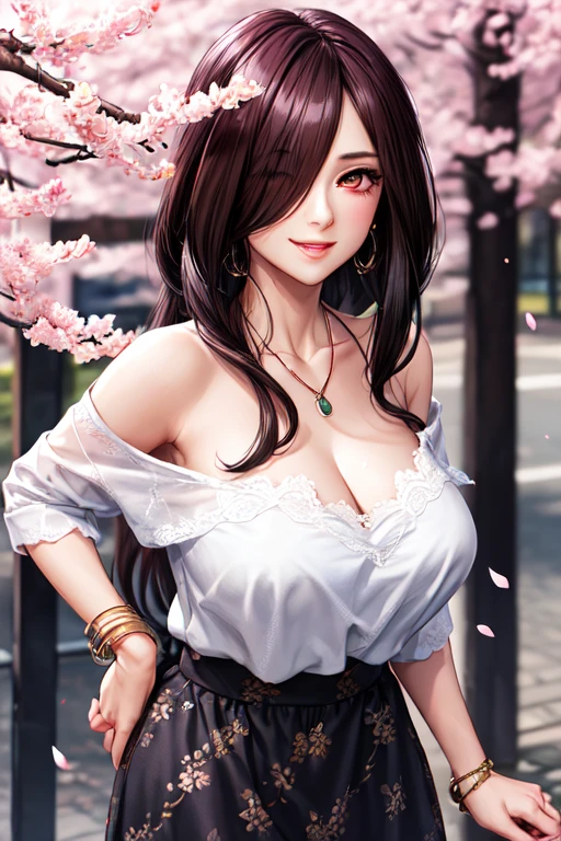 (masterpiece:1.2), (best quality), (ultra detailed), (8k, 4k, intricate),(full-body-shot:1), (highly detailed:1.2),(detailed face:1.2), (detailed background),detailed landscape, (dynamic pose:1.2), <lora:more_details:0.5> <lora:fuuma:0.7>fuumasaika, 1girl, solo, long hair, breasts, looking at viewer, smile, skirt, large breasts, brown hair, shirt, red eyes, cleavage, bare shoulders, jewelry, very long hair, collarbone, white shirt, outdoors, necklace, off shoulder, hair over one eye, bracelet, petals, cherry blossoms