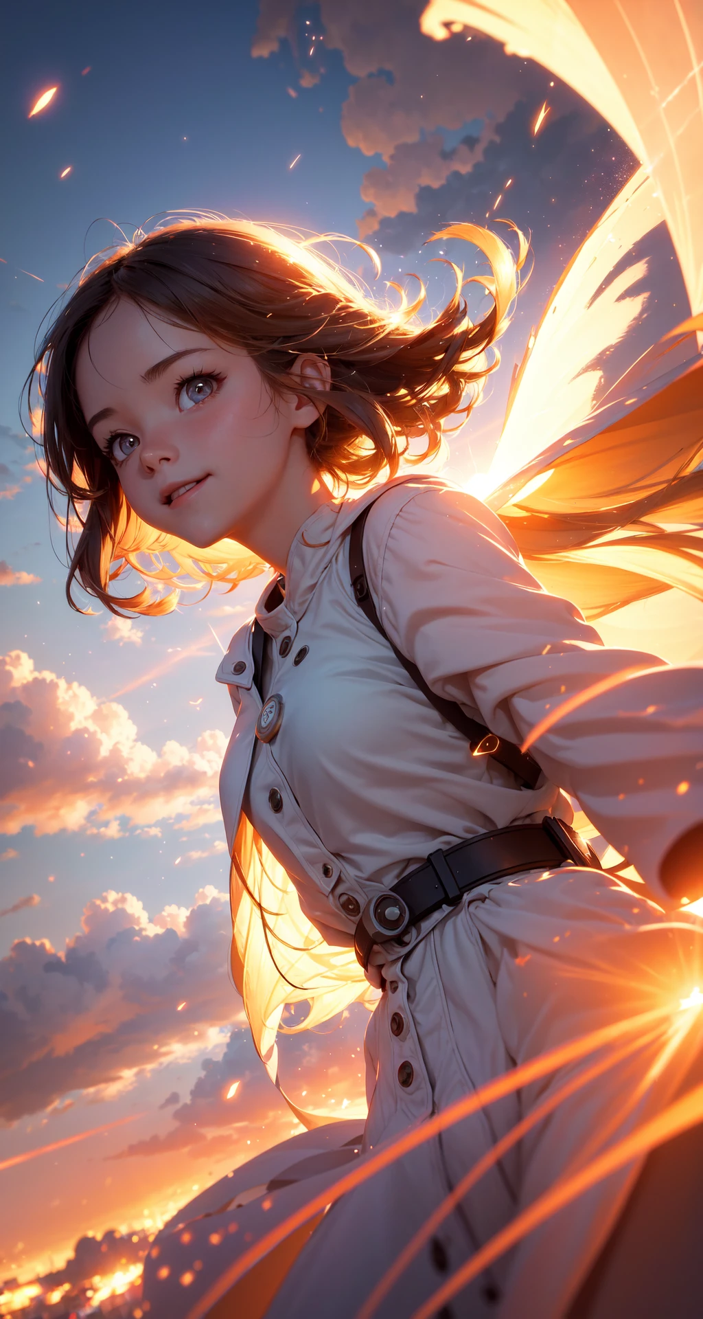 masterpiece, best quality, movie still, 1girl, cloud girl, floating in the sky, close-up, bright, happy, warm soft lighting, sunset, (sparks:0.7), light particles, volumetric lighting