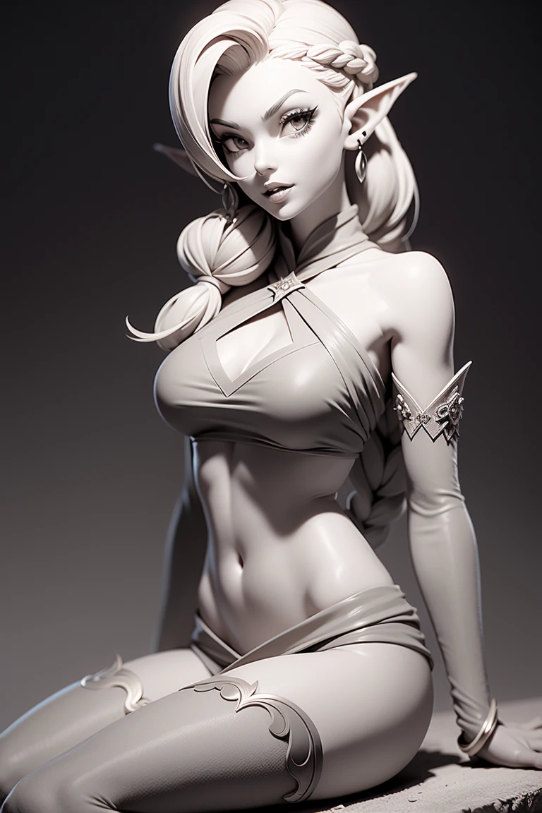 Gray clay style,1girl, solo, pointy ears, breasts, monochrome, sitting, navel, navel cutout, long hair, braid, thighhighs, parted lips, jewelry, elf, earrings, greyscale, clothing cutout
