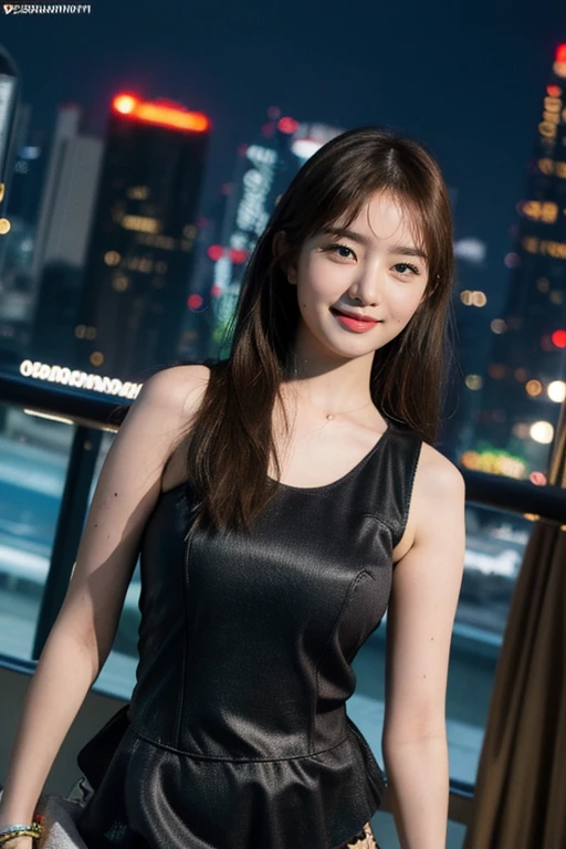 nikon RAW photo,8 k,Fujifilm XT3,close up photo, masterpiece, best quality, 1girl,solo,realistic, photorealistic, (extremely detailed face), ultra-detailed eyes and pupils, ultra detailed, serious expression, slender figure, standing against a city skyline at night, tight dress, sleeveless, tiny waist, big hip, smile, <lora:reilorashy:1>