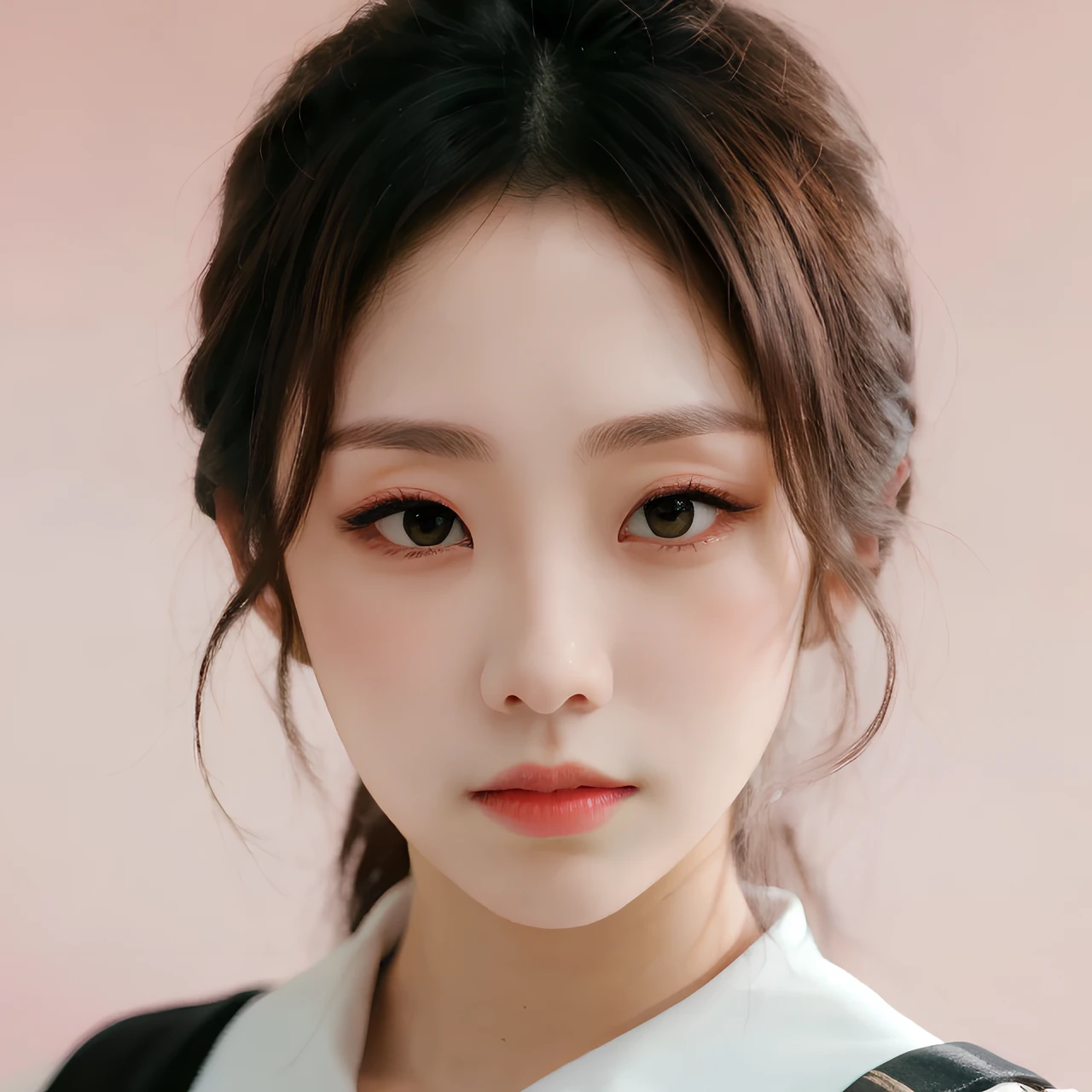 pink background, hyper realistic lifelike texture dramatic lighting unreal engine trending on art station, award winning photo, nikon RAW photo,8 k, Fujifilm XT3,masterpiece, best quality, realistic, photorealistic, ultra detailed, extremely detailed face, solo,1girl, standing, fashionable and trendy atmosphere, high-end makeup products, and a stylish expression on her face, close up, pink t-shirt, closed mouth, closed lips,