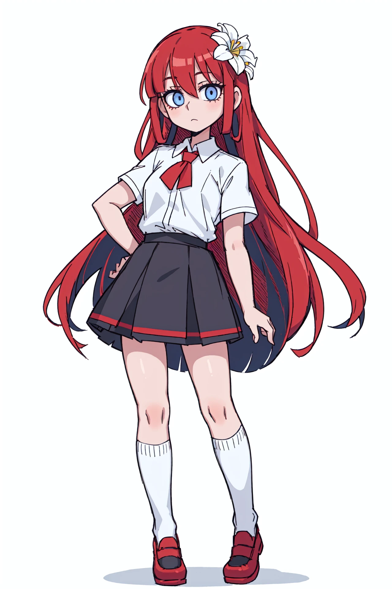[(white background:1.4)::0.4],(masterpiece:1.2),(best quality:1.2),1girl,(full body:1.2),standing,solo,beautiful and delicate face,expressionless,blue eyes,eyeliner,looking at viewer,long hair,(red hair),bangs,hair between eyes,legendary,skirt,black over-kneehighs socks,flower,outdoors,tree,