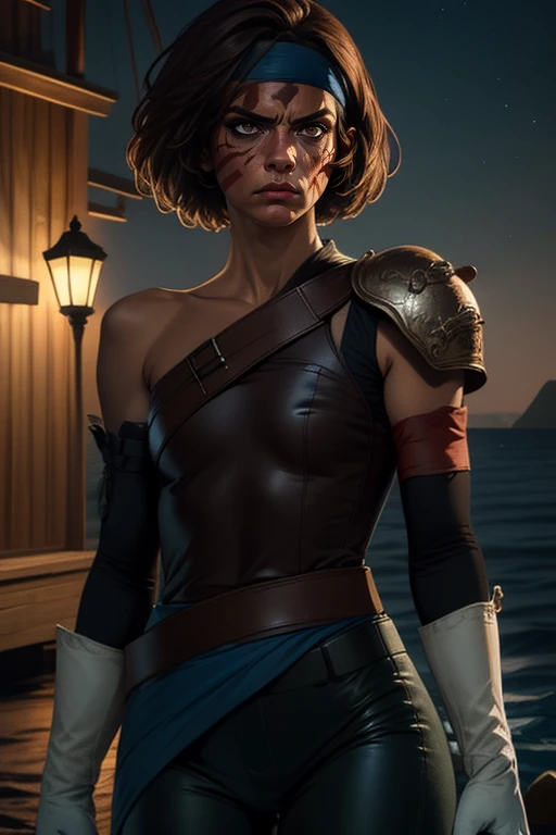 Smellerbee,short brown hair, red facial mark, brown eyes, eyeliner, mean look, closed mouth,  toned,  standing, cowboy shot,  closed fist,
SmelAtt,dark blue headband,(white gloves),leather chest plate, single shoulder pad, red armband, pants, ,blue pelvic sash  
nighttime, near sea,
(insanely detailed, beautiful detailed face, masterpiece, best quality)  <lora:Smellerbee-10 v3:0.8>,