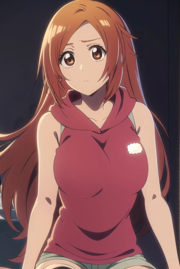 inoueorihime, <lora:inoueorihimeTBWtest:1>,
inoue orihime, long hair, orange hair, (brown eyes:1.5),
BREAK sthighhighs, shorts, sleeveless, hood, hoodie, pink hoodie,
BREAK looking at viewer,
BREAK outdoors,
BREAK <lora:GoodHands-vanilla:1>, (masterpiece:1.2), best quality, high resolution, unity 8k wallpaper, (illustration:0.8), (beautiful detailed eyes:1.6), extremely detailed face, perfect lighting, extremely detailed CG, (perfect hands, perfect anatomy),