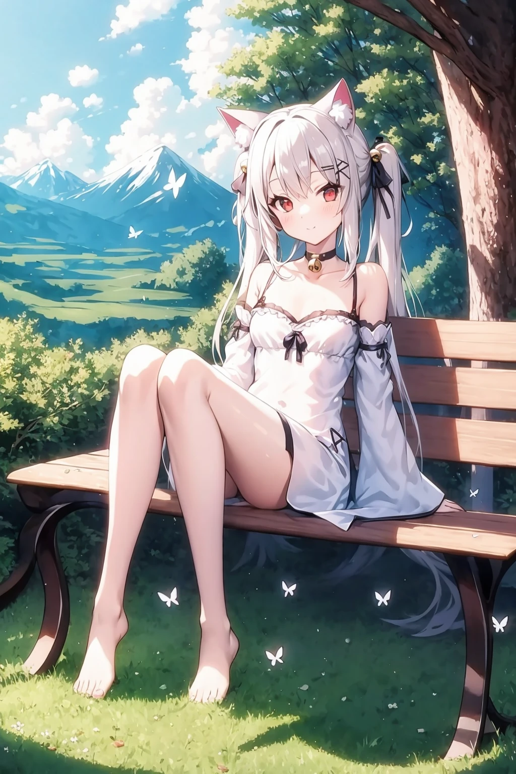 1girl, cat ears, twintails, collarbone, choker, long hair, bangs, ribbon, x hair ornament, very long hair, bare shoulders, sitting, white hair, red eyes, miniskirt, white dress, detached sleeves, shibari, blue bow, bell, butterfly, outdoors, tree, mountainous horizon, hair ornament, small breasts, ribbon trim, ribbon-trimmed sleeves, full body, bench, closed mouth, barefoot