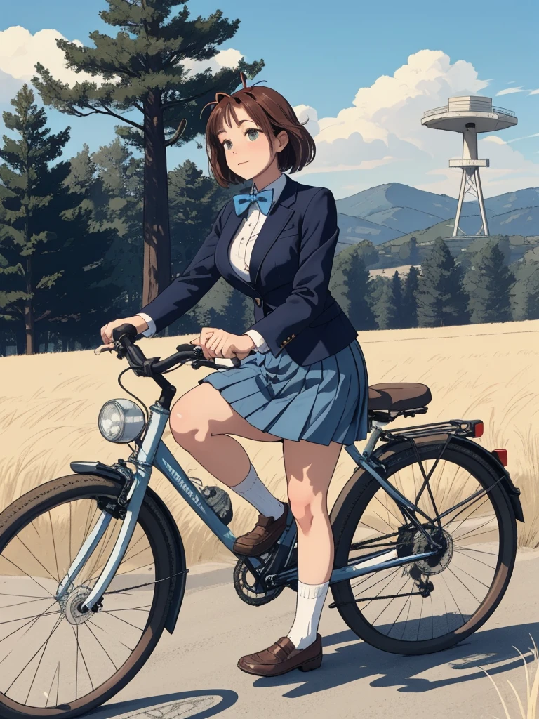 masterpiece, best quality, highres, aamazaki, (antenna hair:1.2), medium breasts, blue bowtie,white shirt, blazer, long sleeves, blue skirt, pleated skirt,outdoors, cowboy shot, field, wariza, loafers, socks, riding bicycle, dynamic pose,