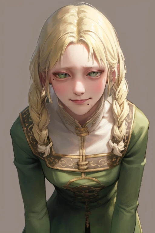 Rya, blonde hair, hair rings ,twin braids,green eyes,mole under mouth , smile, solo, sad eyes, mixed emotions, upper body, leaning forward, bad posture,
Zorayas, green dress, long sleeves,
(insanely detailed, beautiful detailed face,beautiful detailed eyes, masterpiece, best quality)
lake,
<lora:RyaZorayas:0.8>