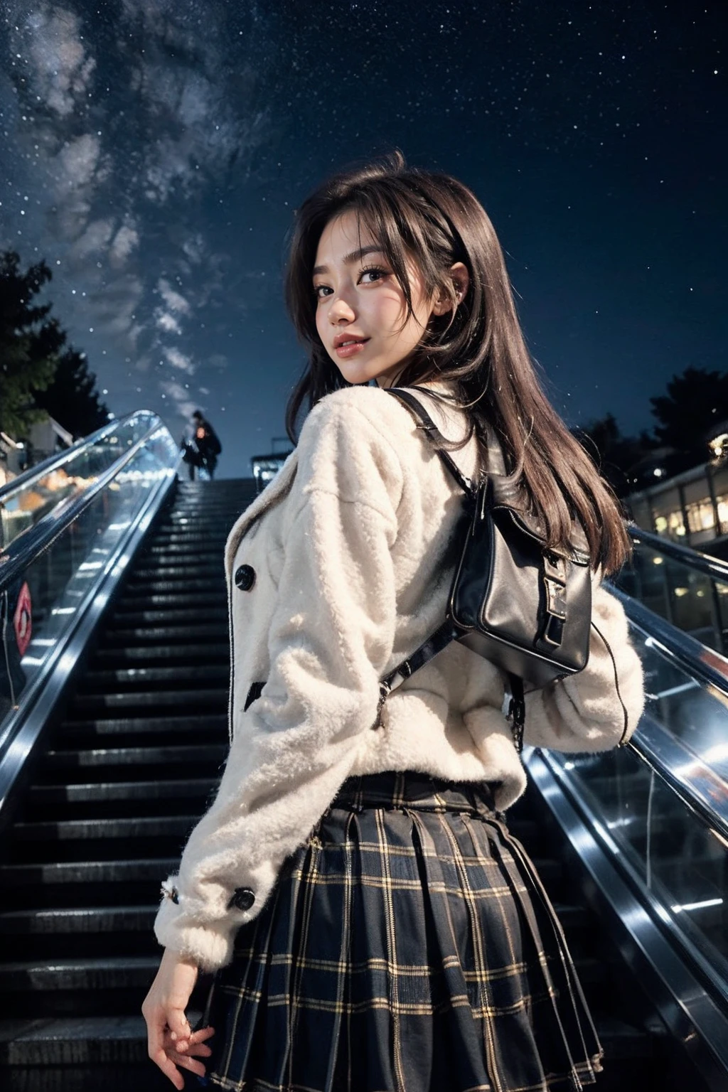 <lora:Escalatorview_v2:0.6>,1girl,(upper body:1.4),(from back:1.3),building,chain-link_fence,city,cityscape,coat,fence,ferris_wheel,handbag,jacket,long_hair,long_sleeves,(night, starry sky,outdoors:1.3),plaid,plaid_skirt,pleated_skirt,school_bag,school_uniform,shoulder_bag,skirt,sky,skyscraper,smile,solo_focus,Escalatorview,