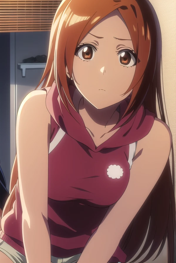 inoueorihime, <lora:inoueorihimeTBWtest:1>,
inoue orihime, long hair, orange hair, (brown eyes:1.5),
BREAK sthighhighs, shorts, sleeveless, hood, hoodie, pink hoodie,
BREAK looking at viewer,
BREAK outdoors,
BREAK <lora:GoodHands-vanilla:1>, (masterpiece:1.2), best quality, high resolution, unity 8k wallpaper, (illustration:0.8), (beautiful detailed eyes:1.6), extremely detailed face, perfect lighting, extremely detailed CG, (perfect hands, perfect anatomy),