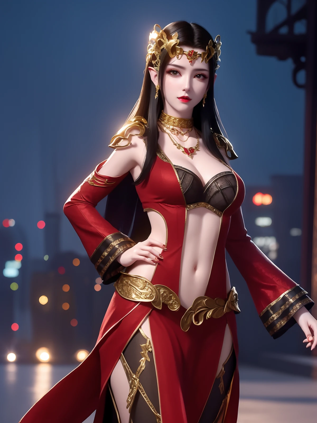 <lora:MEIDUSHAchangfu_20230725202256:0.75>,1girl,jewelry,long hair, hair ornament, necklace, cutout,navel,cleavage, dress, forehead jewel, pants, mature female, cityscape, night, looking at viewer,