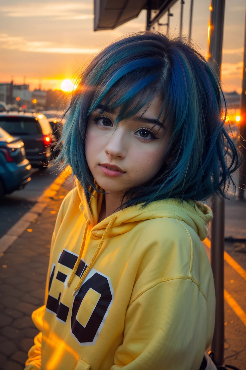 <lora:more_details:0.3>, solo, very detailed, detailed face, pokidiffusion, picture of a beautiful girl with long messy (blue hair) wearing yellow hoodie with text on it, laughting, outside in a common place, sunset, orange sky, detailed shadowing and lighting