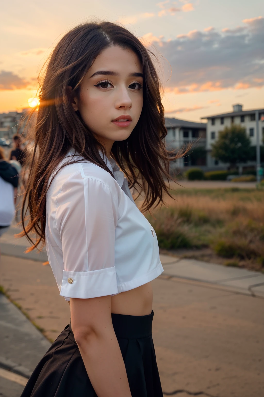 <lora:more_details:0.3>, solo, very detailed, detailed face, pokidiffusion, picture of a beautiful woman with long messy hair, wearing female teacher clothing, surprised, outside in a common place, upper body, sunset, side view