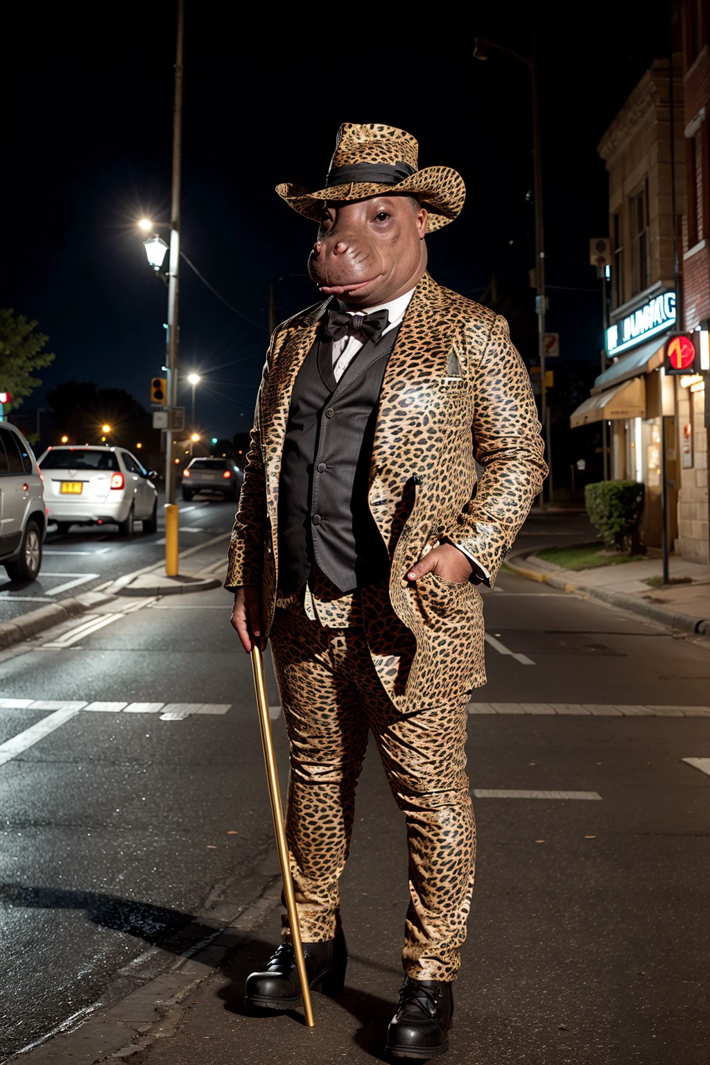 A photo of a (humanoid hippopotamus:1.2), pimp, wearing cheetah print pimp suit and a large hat, standing at a dark street corner, holding a cane, swagger