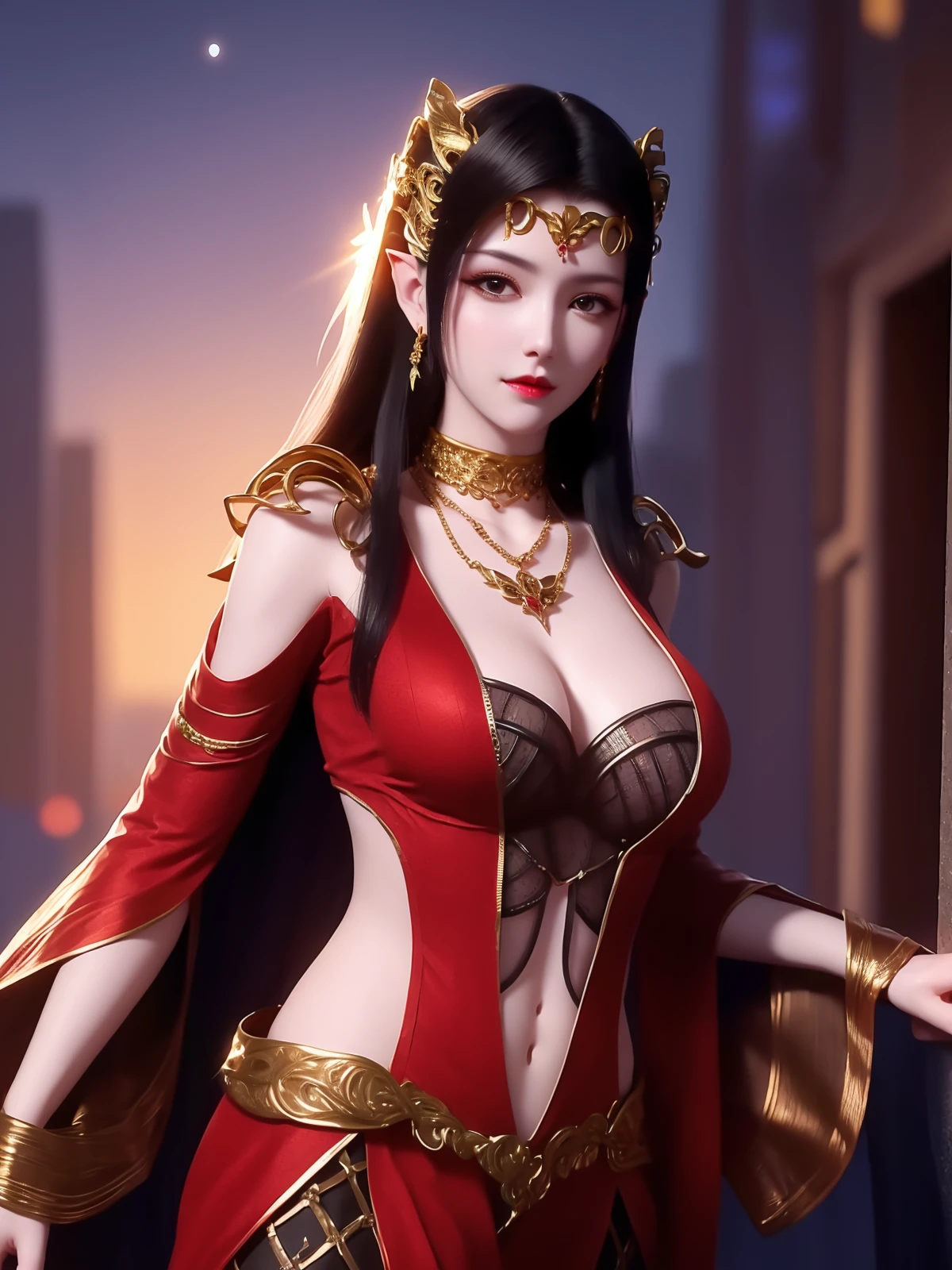<lora:MEIDUSHAchangfu_20230725202256:0.75>,1girl,jewelry,long hair, hair ornament, necklace, cutout,navel,cleavage, dress, forehead jewel, pants, mature female, cityscape, night, looking at viewer,