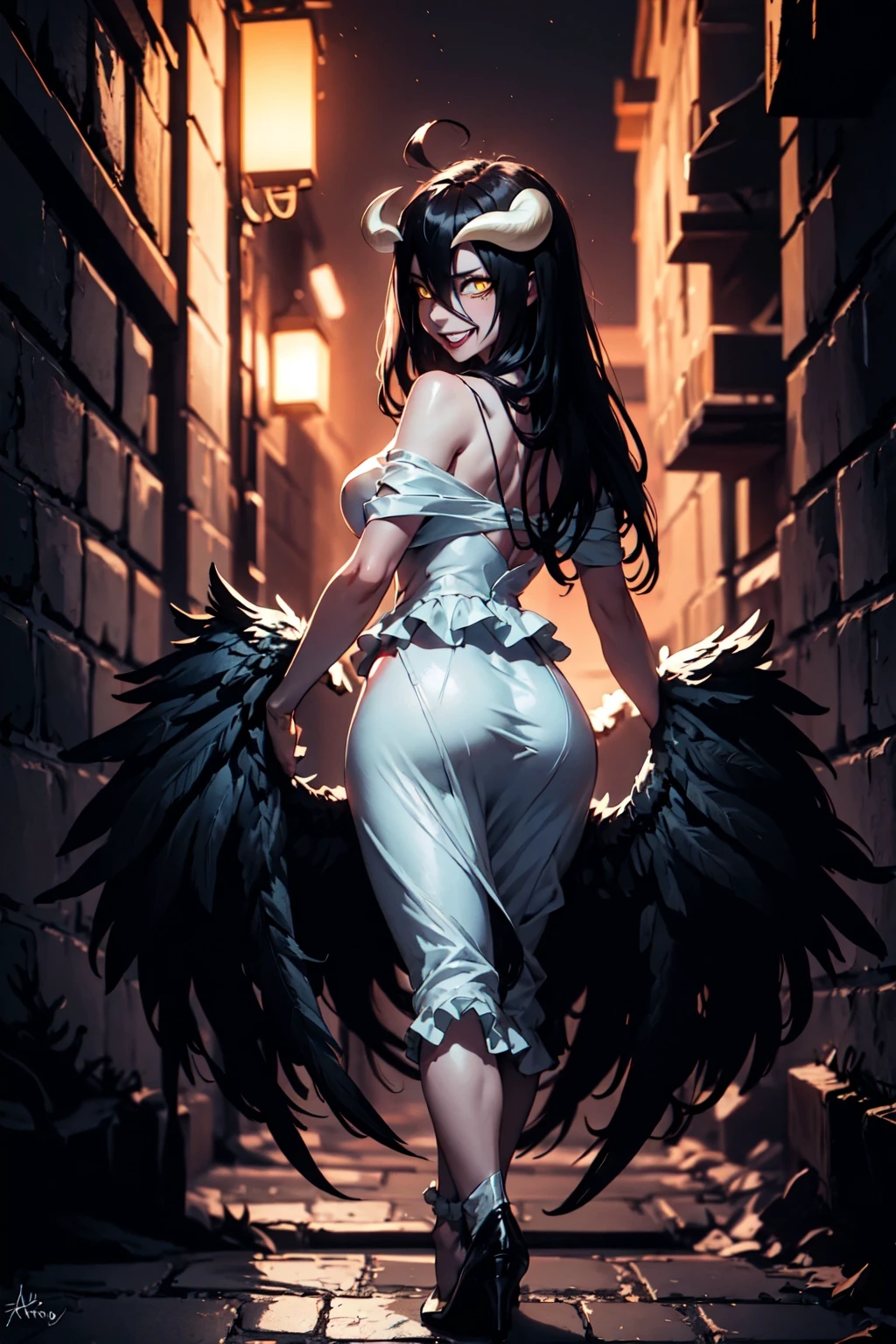 (masterpiece, best quality:1.2), <lora:Albedo_7_20-000018:1> albedow walking towards, white dress, hip vent, white gloves,black hair, hair between eyes, glowing yellow eyes, white horns, menacing, parted lips, grin, black wings, (low wings:1.1), dark alley, brick walls, <lora:Gloomifier_slider_LECO_500w:2>,