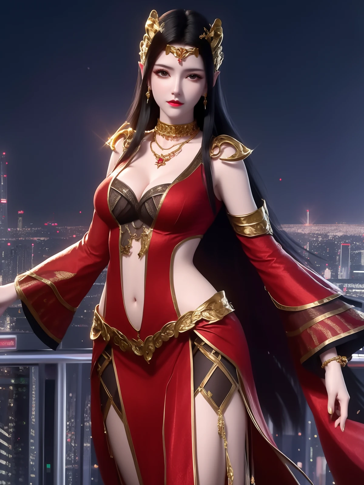 <lora:MEIDUSHAchangfu_20230725202256:0.75>,1girl,jewelry,long hair, hair ornament, necklace, cutout,navel,cleavage, dress, forehead jewel, pants, mature female, cityscape, night, looking at viewer,