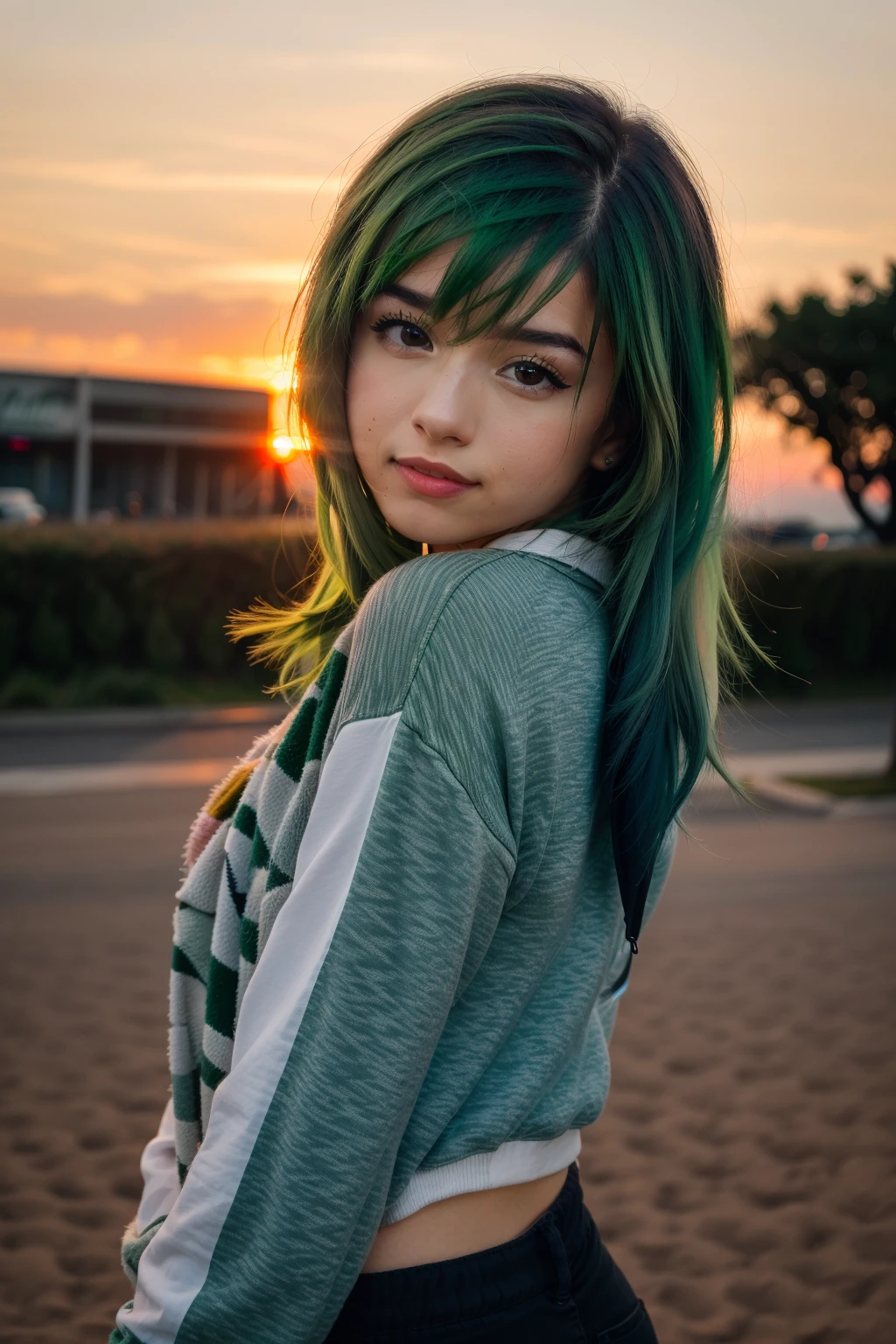 <lora:more_details:0.3>, solo, very detailed, detailed face, pokidiffusion, picture of a beautiful girl with long messy (flashing green hair) wearing casual clothes with pattern, happy, outside in a common place, sunset, orange sky, detailed shadowing and lighting