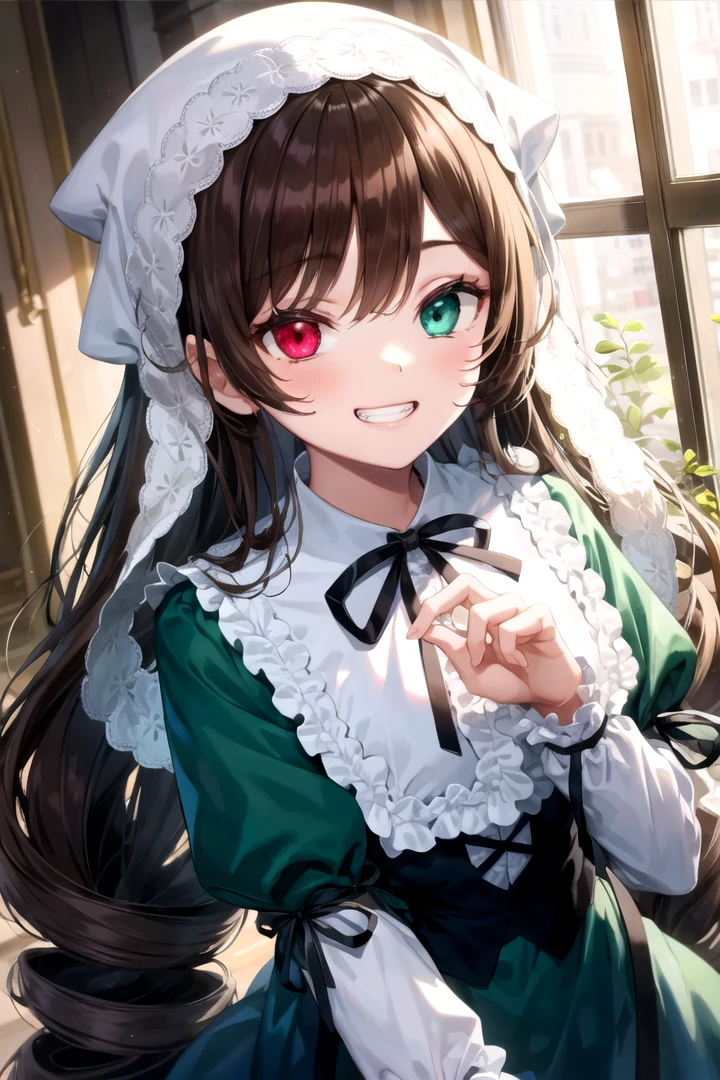 masterpiece, best quality, 1girl, <lyco:Suiseiseki-000017:1.0>, suiseiseki, heterochromia, corset, green dress, frills, ribbon, bonnet, head scarf, twin drills, grin, window, indoors