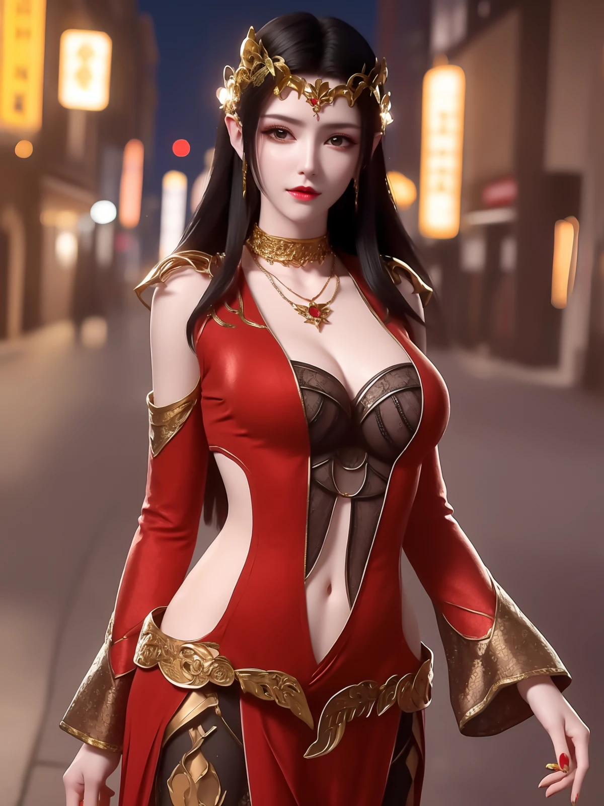 <lora:MEIDUSHAchangfu_20230725202256:0.75>,1girl,jewelry,long hair, hair ornament, necklace, cutout,navel,cleavage, dress, forehead jewel, pants, mature female, cityscape, night, looking at viewer,