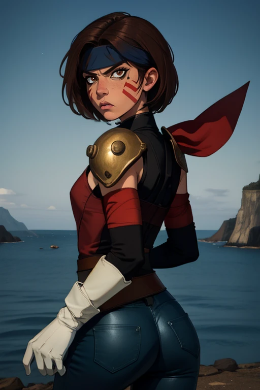 Smellerbee,short brown hair, red facial mark, brown eyes, eyeliner, mean look, , toned, cowboy shot, looking at viewer, rear view, ass,
SmelAtt,dark blue headband,(white gloves),leather chest plate, single shoulder pad, red armband, pants, ,blue pelvic sash
nighttime, near sea,
(insanely detailed, beautiful detailed face, masterpiece, best quality) <lora:Smellerbee-10 v3:0.8>,