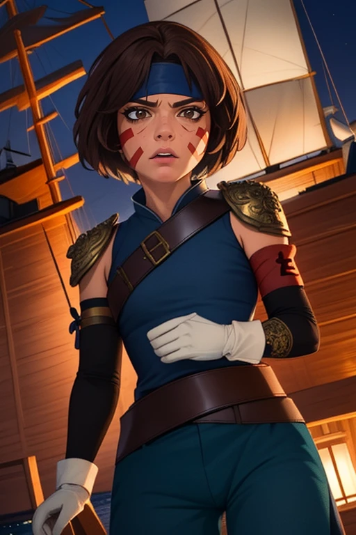 Smellerbee, petite,, short brown hair, red facial mark, brown eyes , eyeliner,
SmelAtt, dark blue headband, (white gloves), leather chest plate, single shoulder pad, red armband , pants, boots, blue pelvic sash nighttime,
large wooden boat, sea,
(insanely detailed, beautiful detailed face, masterpiece, best quality) <lora:Smellerbee-10 v3:0.8>
