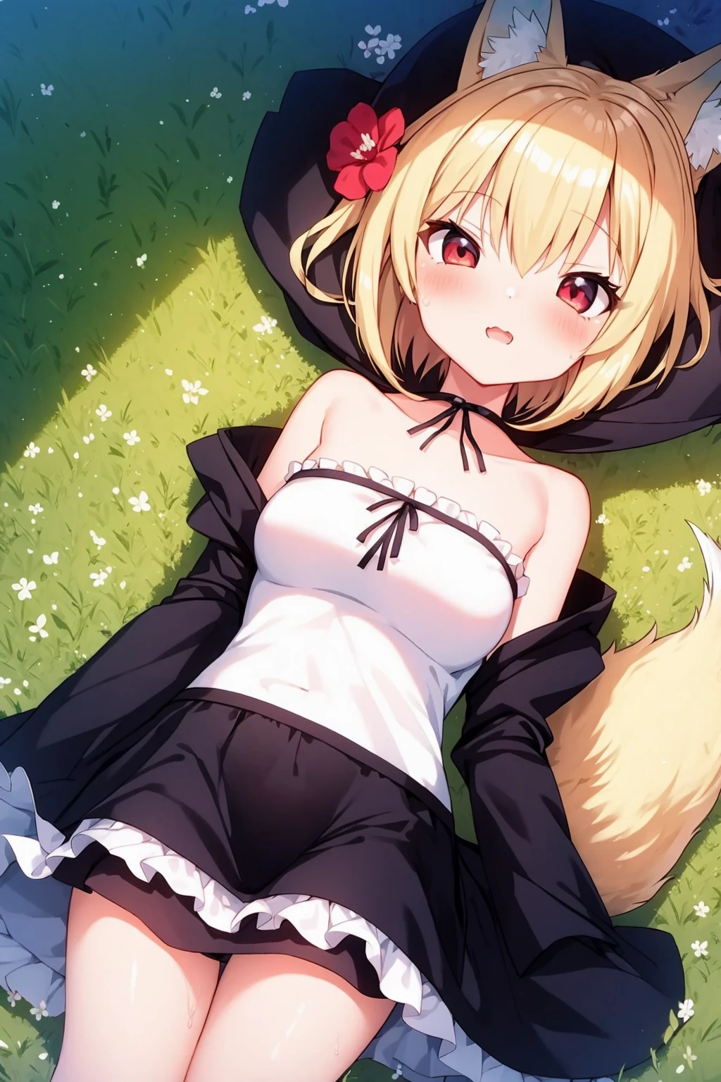 1girl, blonde hair, red eyes, fox ears, frills, bare shoulders, hair flower, detached sleeves, from above, miniskirt, white dress