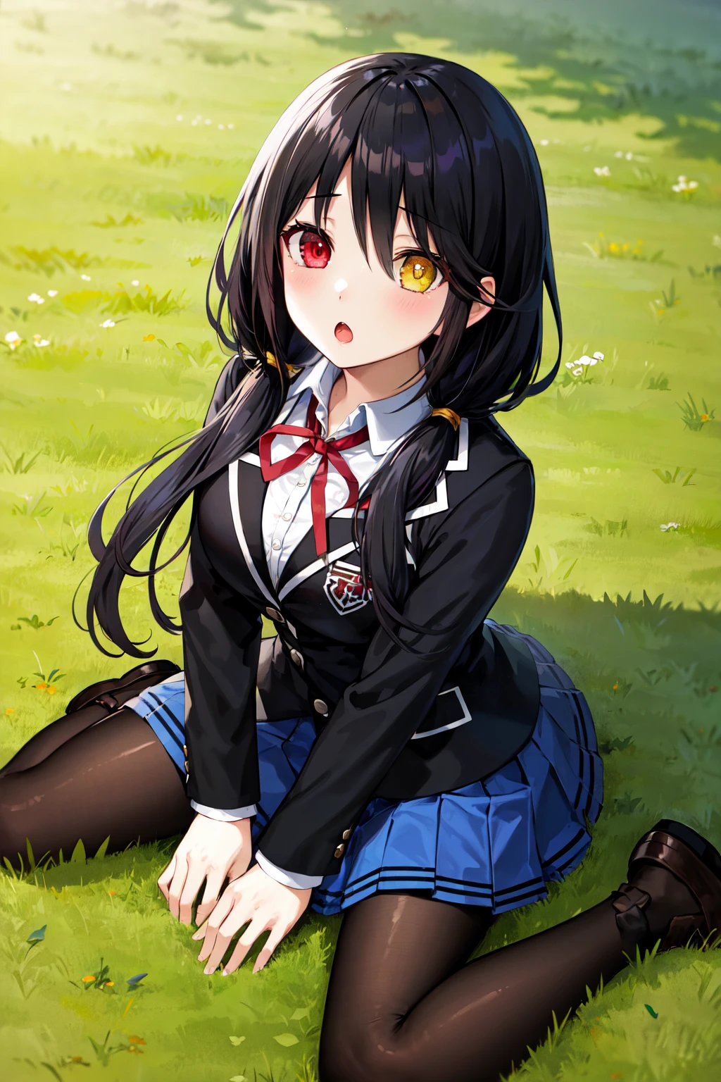 masterpiece, best quality, highres, 1girl, bbkurumi, long hair, heterochromia, low twintails, school uniform, black jacket, pleated skirt, blue skirt, black pantyhose, <lora:tokisaki_kurumi_v1:0.8>, grass, wariza, filed, loafers, :o