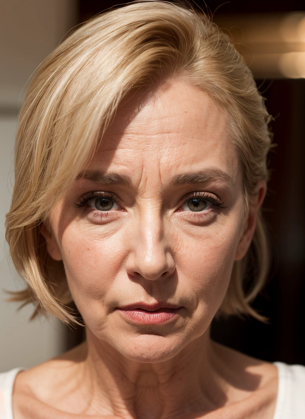 caucasian mature female, highly detailed pupils, portrait selfie