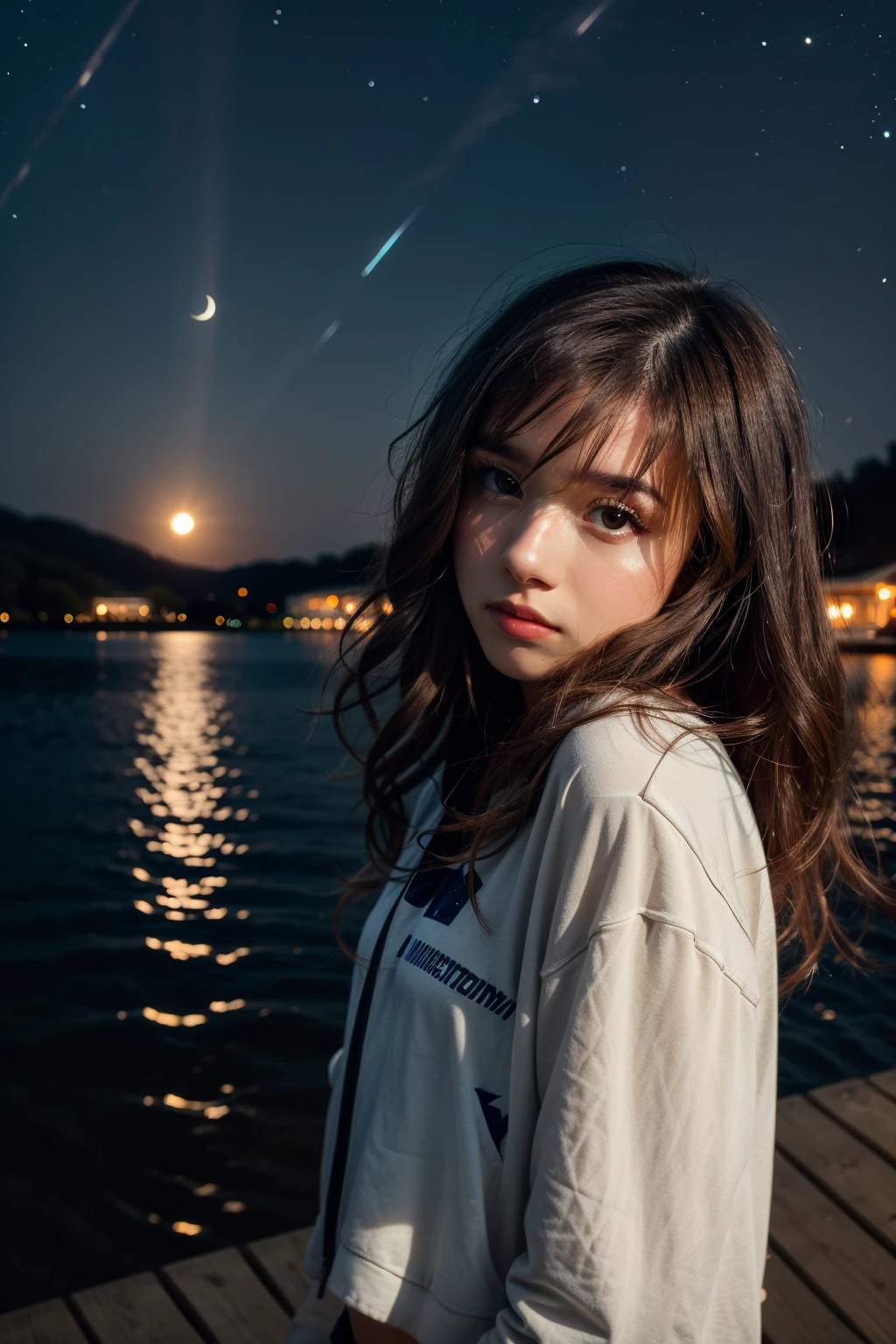 <lora:more_details:0.3>, solo, very detailed, detailed face, pokidiffusion, picture of a beautiful girl with long messy hair wearing colored casual clothes, outside in a common place, moonlight, starry sky, detailed shadowing and lighting, just above the lake, reflection