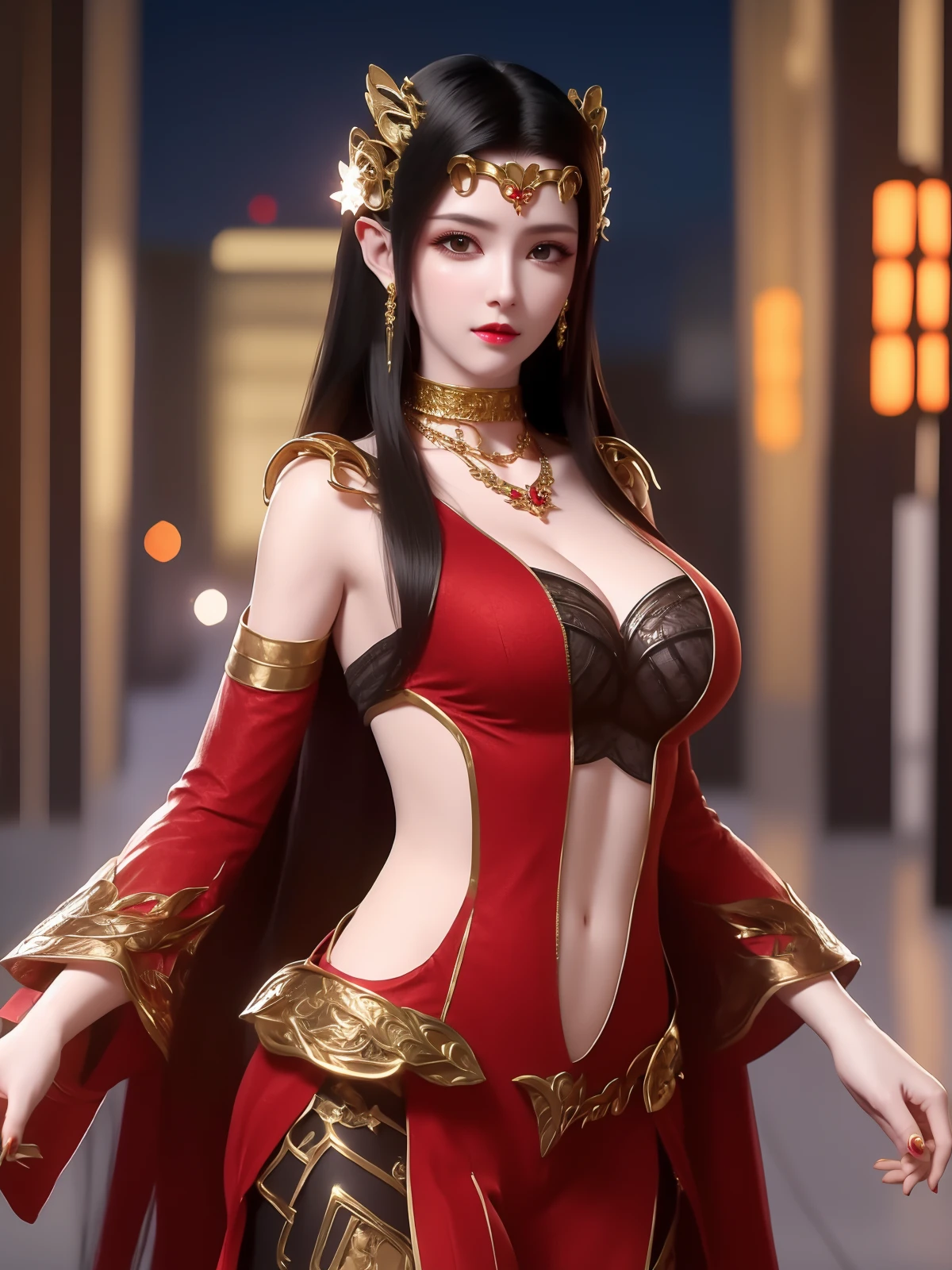 <lora:MEIDUSHAchangfu_20230725202256:0.75>,1girl,jewelry,long hair, hair ornament, necklace, cutout,navel,cleavage, dress, forehead jewel, pants, mature female, cityscape, night, looking at viewer,