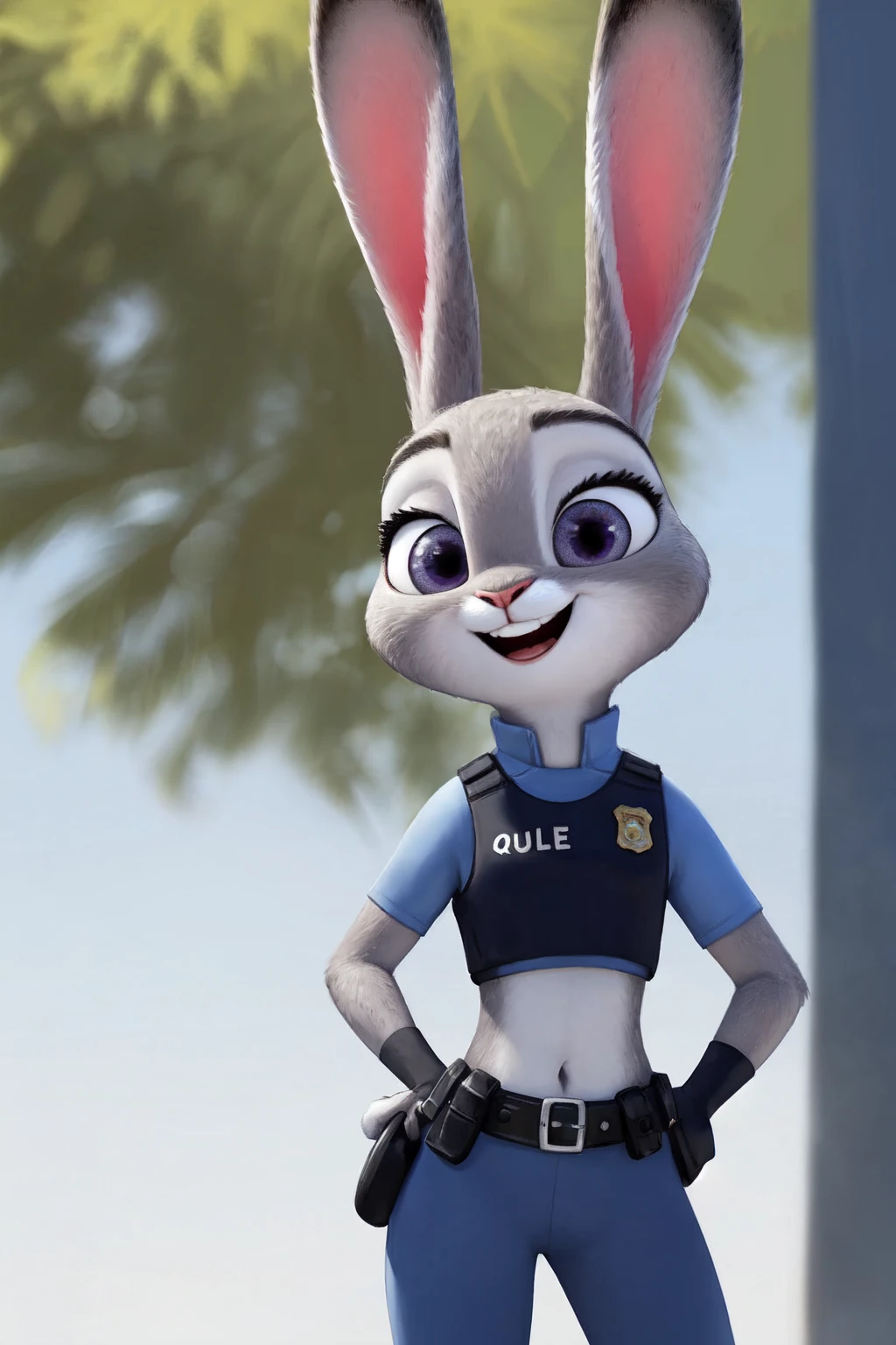 (by qupostuv35:1.2), female, (Detailed face), (solo:1.1), (more details:1.1), ((anthro, humanoid)), [(thin:1.1) : small petite : (Judy rabbit:1.2):4], (Detailed face), (anthropomorphic legs, anthropomorphic hands:1.1), (solo), hot sunny day, (police uniform:1.2), (smile:1.2), <lora:Judy_V2.4:0.4>