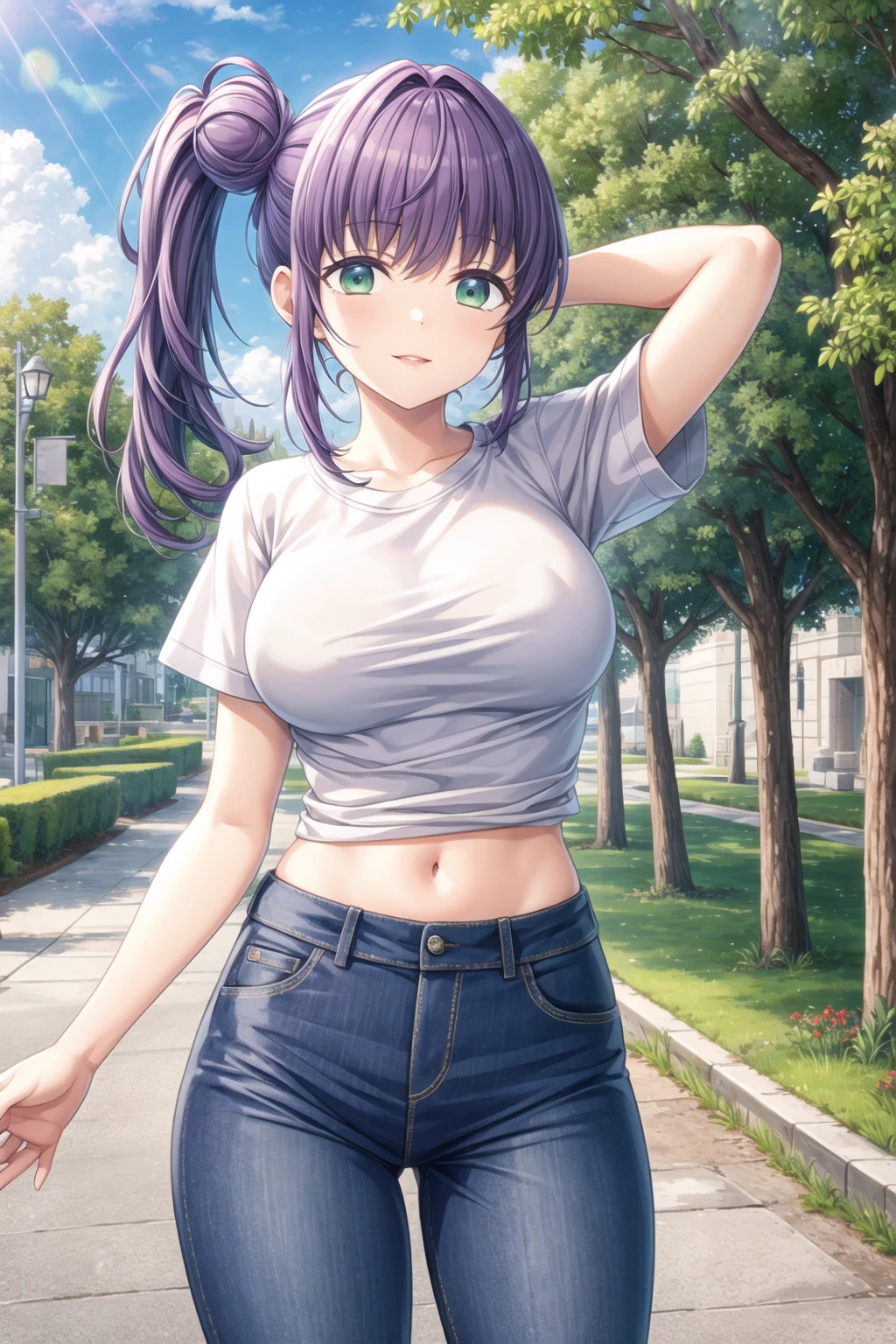 (masterpiece, best quality, ultra-detailed), (illustration), (beautiful detailed eyes), 1girl, solo, otomune kozue, (cowboy shot:1.3), (purple hair:1.3), (side ponytail, side hair bun:1.5), green eyes, (long hair:1.5), <lora:KozueV2:0.55>, (mature face, parted lips, large hips, robust body, large breasts:1.2), BREAK (outdoors, greenary:1.1), BREAK (white t-shirt, short sleeves, stomach:1.2), BREAK looking at viewer, smile, (better hands, perfect hands, five fingers), (standing), (arms support:1.3), <lora:add_detail:0.7>,