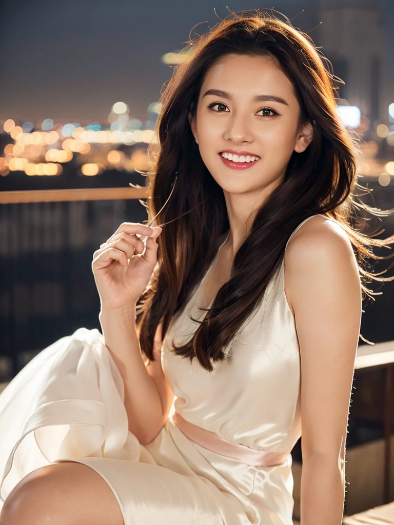 1girl wearing a white silk dress,(in london city:1.2),(RAW photo, best quality), (realistic, photo-realistic:1.4), masterpiece, an extremely delicate and beautiful, extremely detailed, 2k wallpaper, Amazing, finely detail, extremely detailed CG unity 8k wallpaper, ultra-detailed, highres, soft light, beautiful detailed girl, extremely detailed eyes and face, beautiful detailed nose, beautiful detailed eyes,cinematic lighting,perfect anatomy,(slim body:1.3),long hair,(black hair:1.2),city lights at night,smiling<lora:Songzuer_v1:0.8>