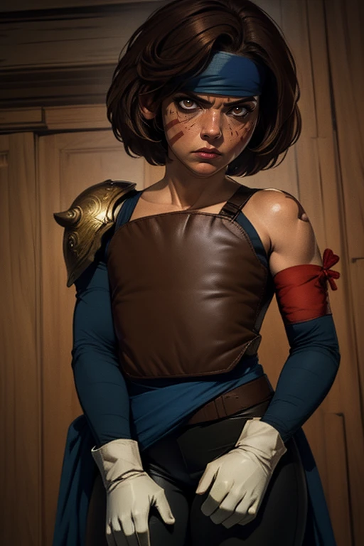 Smellerbee,short brown hair, red facial mark, brown eyes, eyeliner, mean look, closed mouth, toned, standing, cowboy shot, closed fist,
SmelAtt,dark blue headband,(white gloves),leather chest plate, single shoulder pad, red armband, pants, ,blue pelvic sash
nighttime, near sea,
(insanely detailed, beautiful detailed face, masterpiece, best quality) <lora:Smellerbee-10 v3:0.8>,