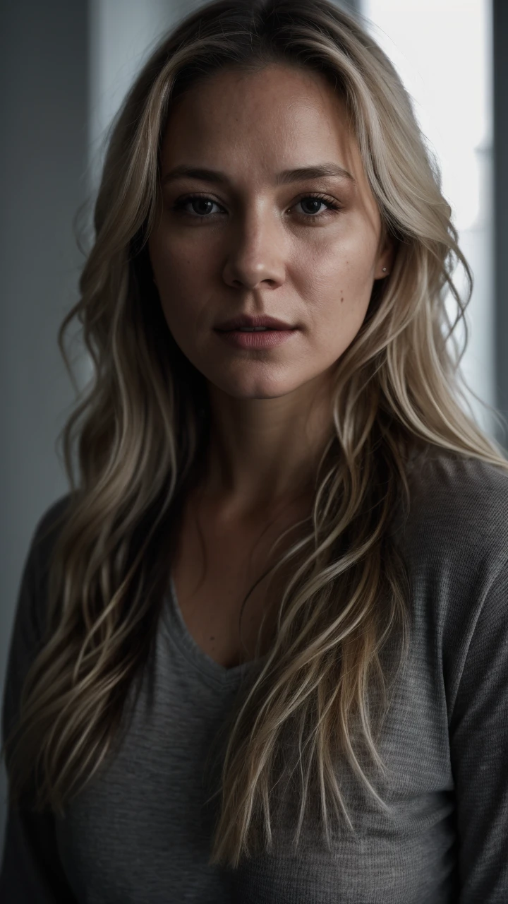 selfie portrait photo straight view of 32 y.o white female face only, wearing gray shirt, wavy dirty-blonde hair, cinematic shot, very dark dramatic blind lighting 8k uhd, natural color palette