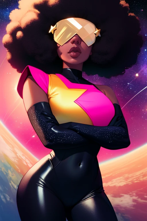 Garnet, blocky afro, lips, retro shades, navel , standing, close up, crossed arms,
GaSuit , cropped chest plate with star, black and pink bodysuit, elbow gloves, round shoulder pads,
outer space, stars, dark corners,
(insanely detailed, beautiful detailed face, masterpiece, best quality) <lora:Garnet-10v3:0.8>
