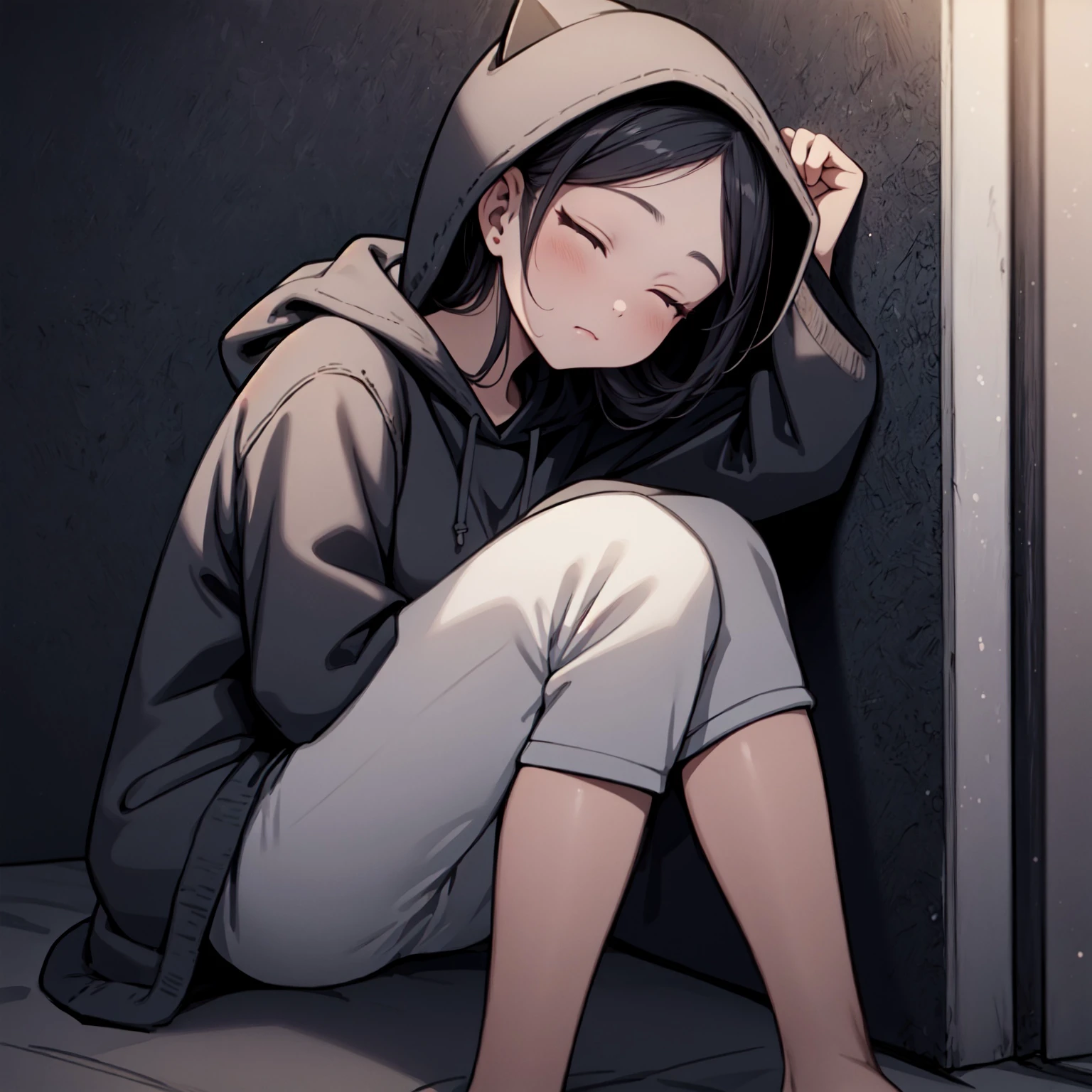 (masterpiece, best quality:1.2), (cat:1.2), girl sleeping, leaning against wall, hood, capri pants, hood on,<lora:Gloomifier_slider_LECO_500w:2.5>, soft lighting,