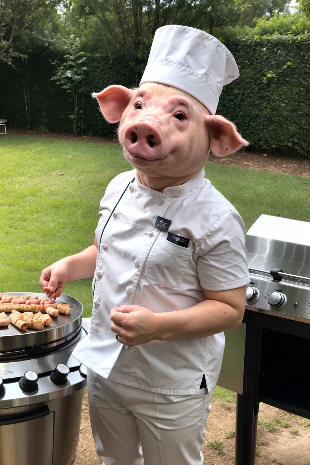 A photo of a (humanoid pig) wearing white chefs hat and white pants, standing in front on a bbq, photographic masterpiece, professional photo, highly detailed, realistic, absurdres, highly detailed skin, photorealistic, highres,