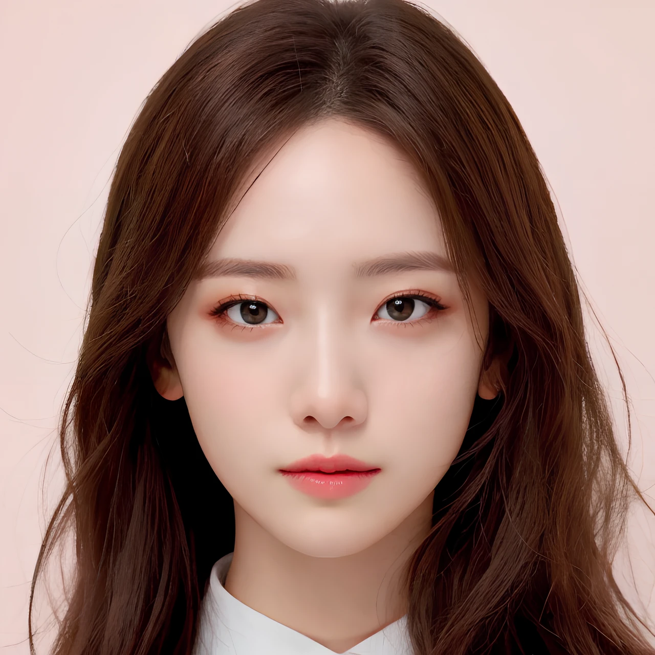 long hair, pink background, hyper realistic lifelike texture dramatic lighting unreal engine trending on art station, award winning photo, nikon RAW photo,8 k, Fujifilm XT3,masterpiece, best quality, realistic, photorealistic, ultra detailed, extremely detailed face, solo,1girl, standing, fashionable and trendy atmosphere, high-end makeup products, and a stylish expression on her face, close up, pink t-shirt, closed mouth, closed lips,