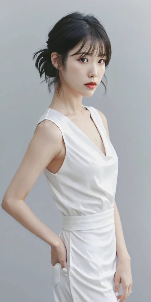 IU, Lee Ji Eun, 1girl, solo, looking at viewer, bangs, black hair, white dress, upper body,  black eyes, lips, simple background, full body,   <lora:iu_v5:0.7>